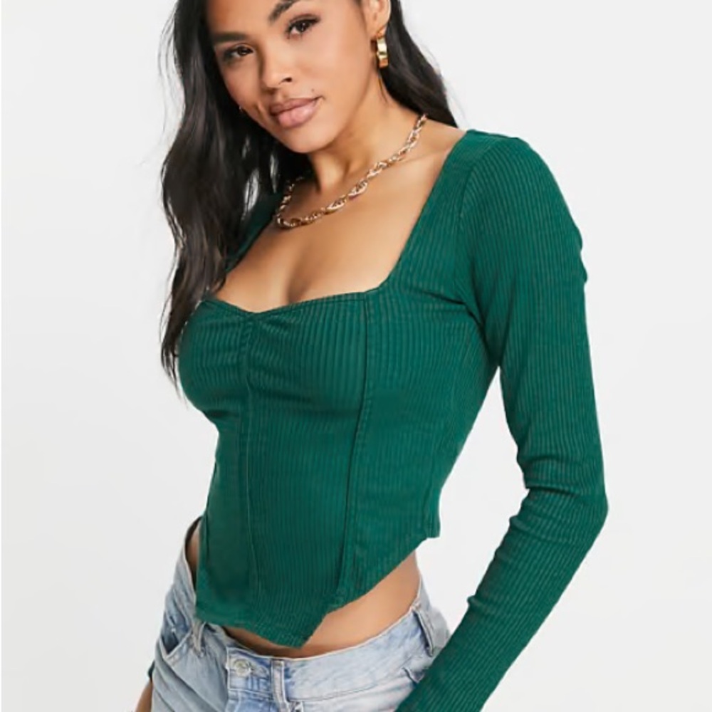 ASOS Green Ribbed Long Sleeve Top - Picture 2 of 4